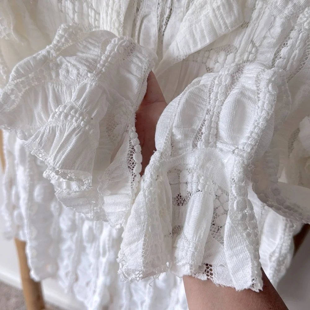 Free People Ivory Candy Shop Lace Long Sleeve Ruffle Boho Textured Tunic Top XS